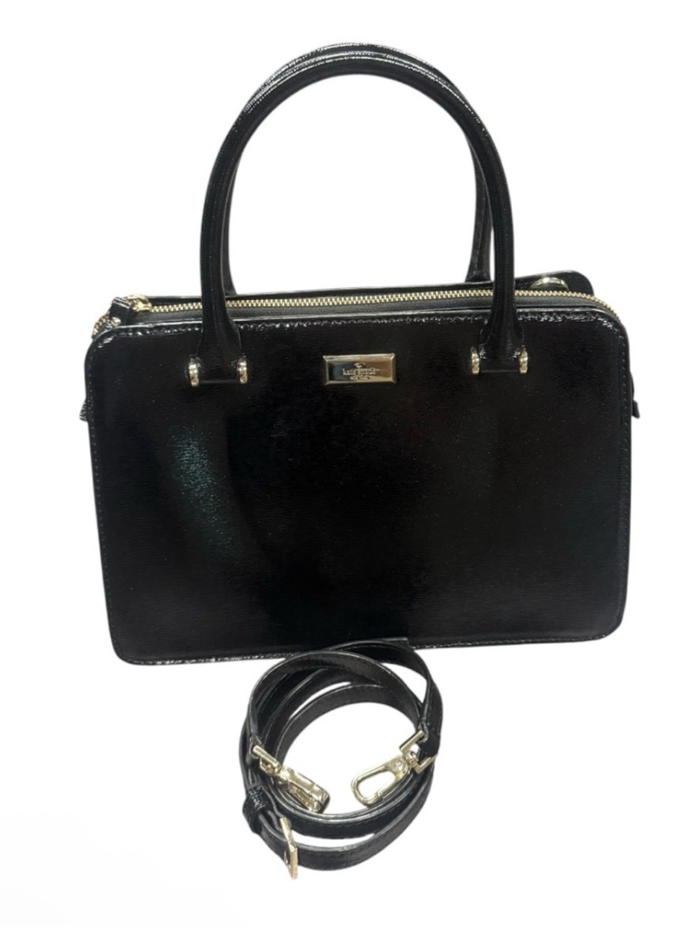 Kate Spade Black Patent Leather top handle Satchel Handbag with Detachable Strap